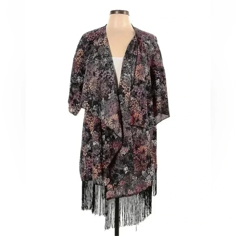 LuLaRoe | Monroe Black Floral Fringe Kimono Swim Cover-Up Size L Large